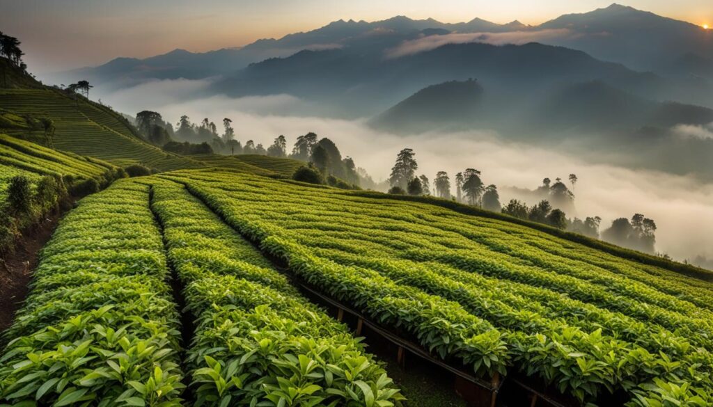 Darjeeling tea in a high-altitude tea garden Darjeeling tea in a high-altitude tea garden